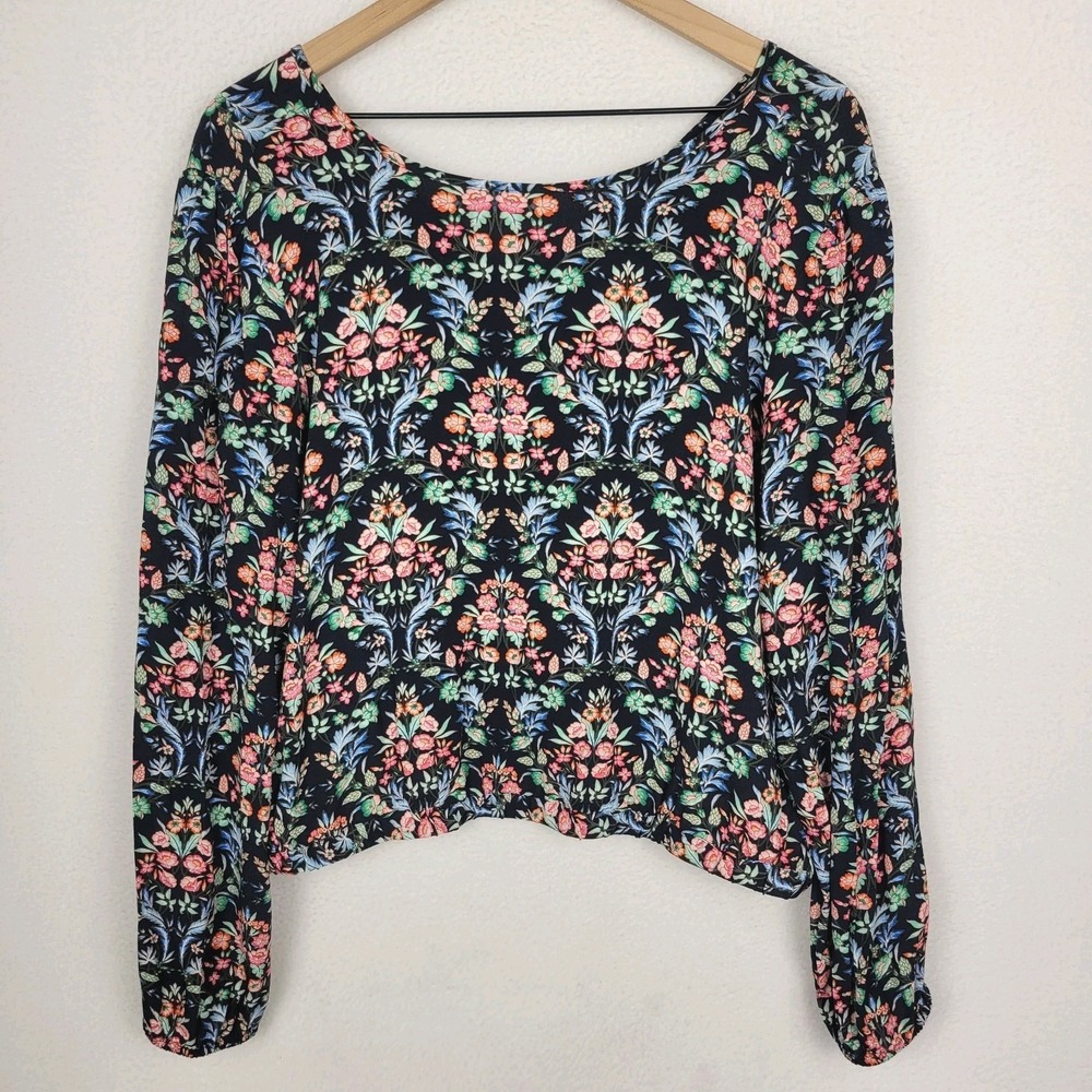 NWT LOFT Faux Wrap Back Cropped Blouse L Elastic Hem Boho Romantic Cottagecore